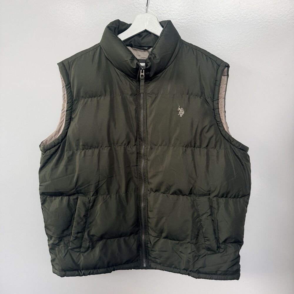 US Polo Assn Men Puffer Vest Size XL Olive Green Quilted Utility Outdoor Casual